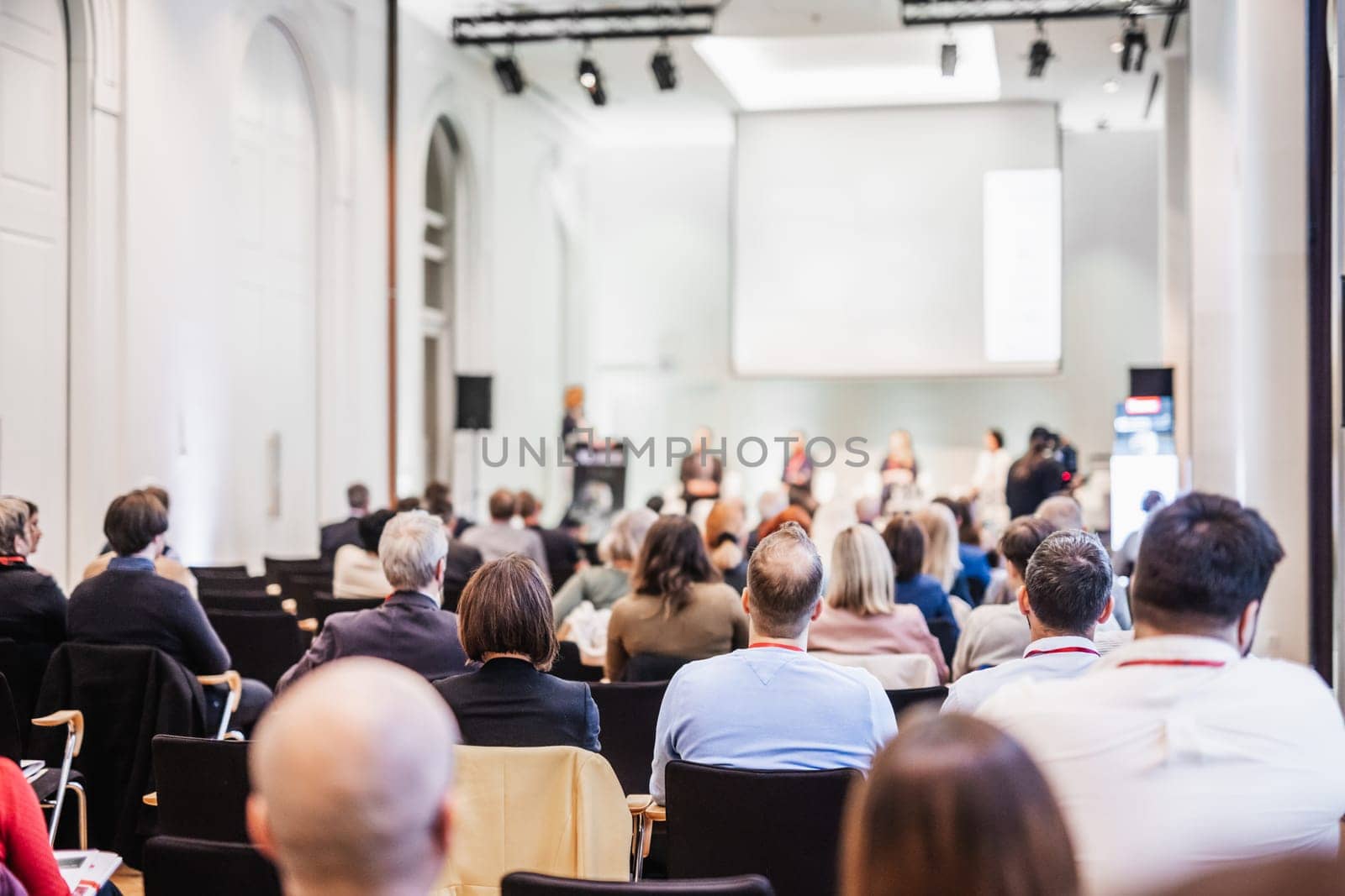 Round table discussion at business conference meeting event.. Audience at the conference hall. Business and entrepreneurship symposium. by kasto