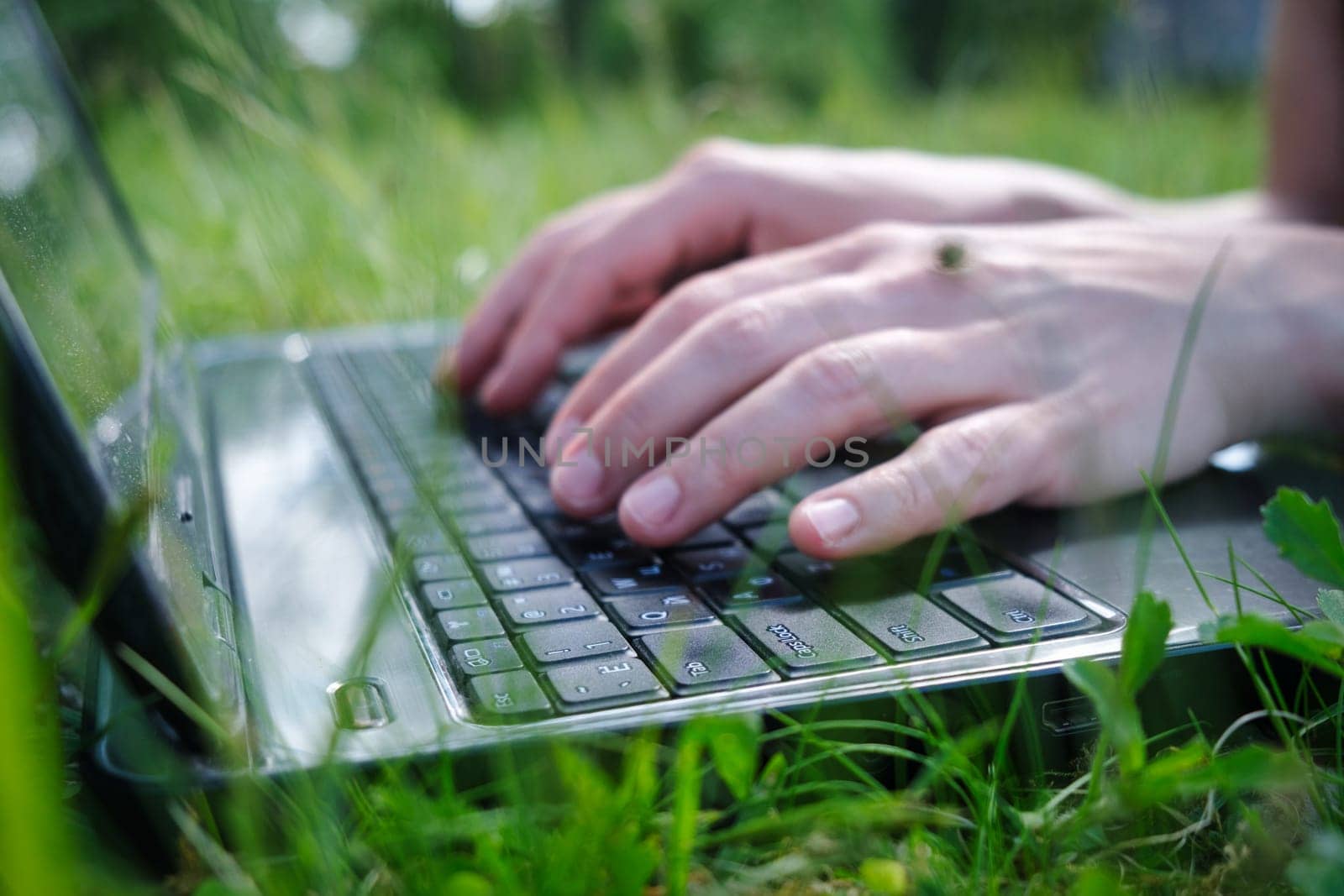 young man in the park sitting on the grass with a laptop, close-up hands and laptop. person typing on a laptop. download image