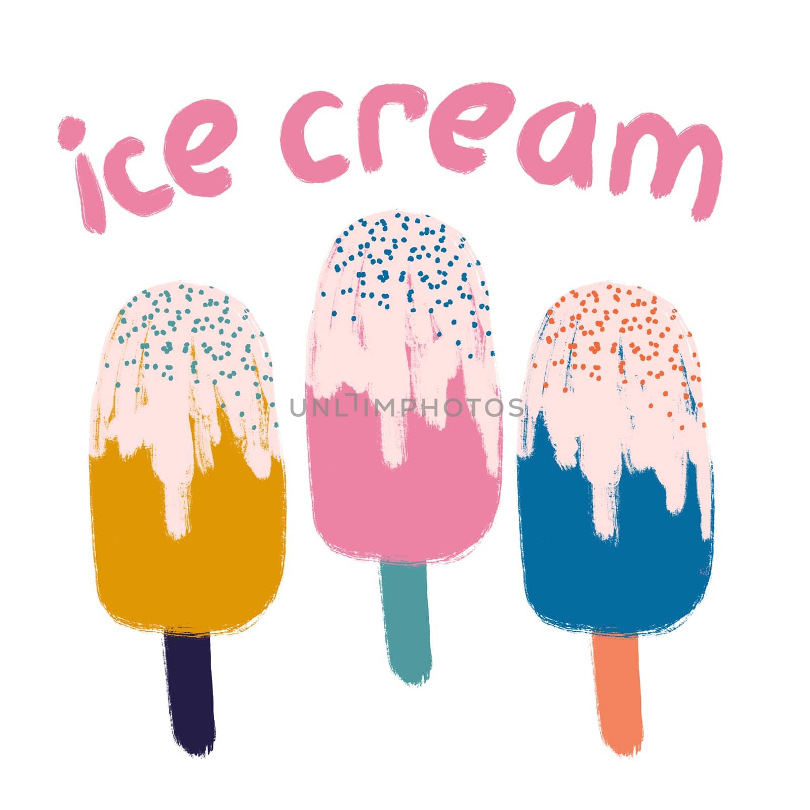 Hand drawn illustration of ice cream popsicle retro vintage style. Pink blue yellow round shape with chocolate, sweet tasty summer holiday food, fun design for colorful beach art.