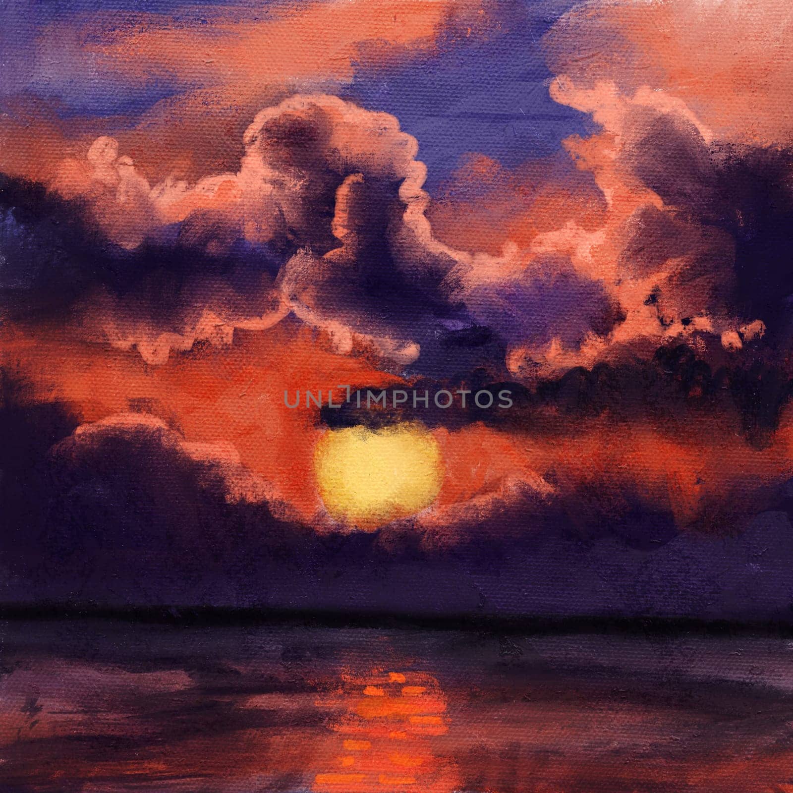 Hand drawn illustration of evening sky sunset, sea ocean water surface orange colors, shiny shimmer reflection, sunrise cold purple lilac clouds, clear summer travel, oil paint texture sketch painting. by Lagmar