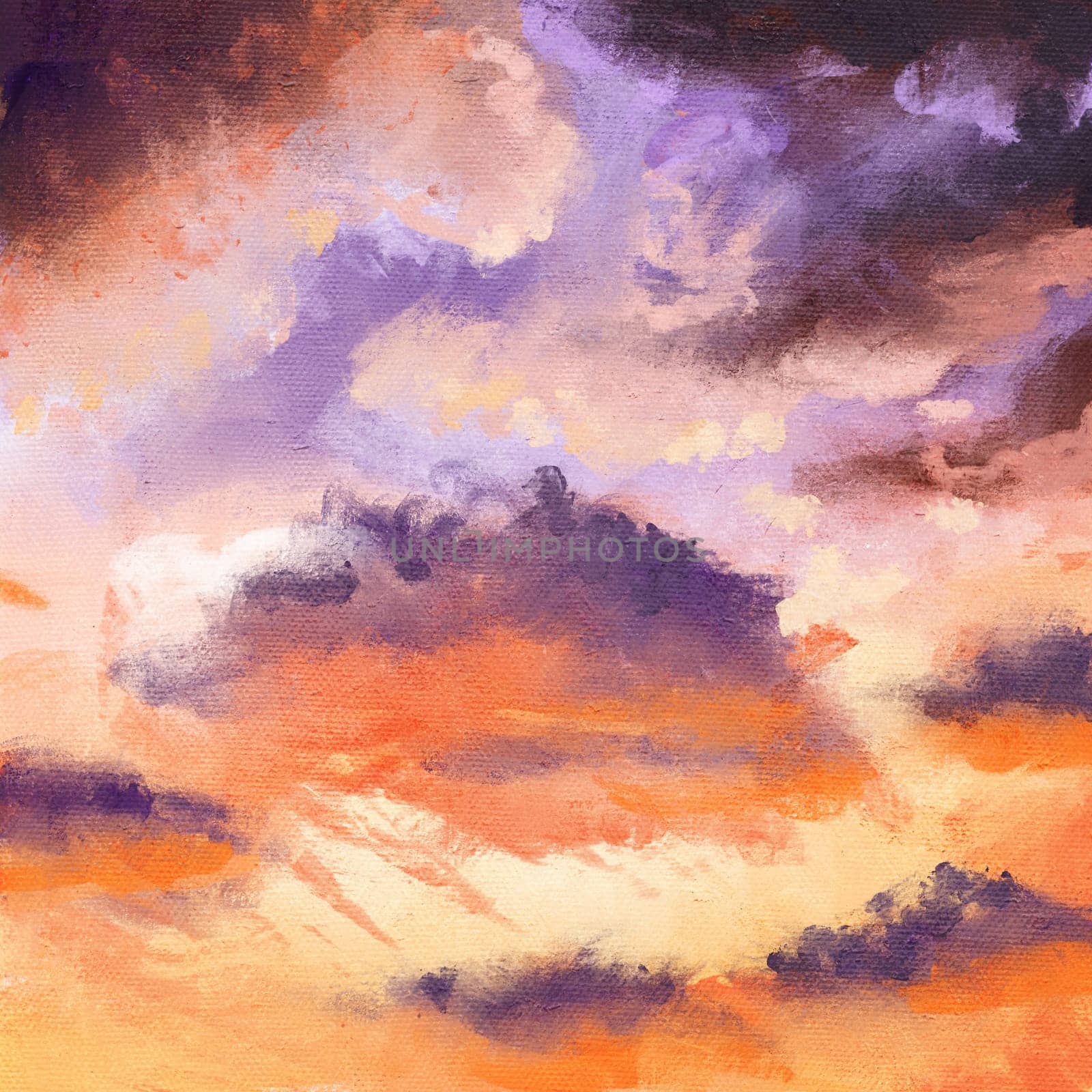 Hand drawn illustration of evening sky sunset, sea ocean water surface orange colors, shiny shimmer reflection, sunrise cold purple lilac clouds, clear summer travel, oil paint texture sketch painting. by Lagmar