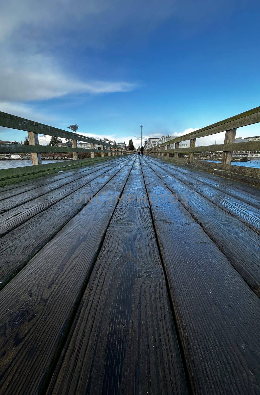 Wooden boardwalk or pier for walking along the shoreline of Sidney, British Columbia, Canada