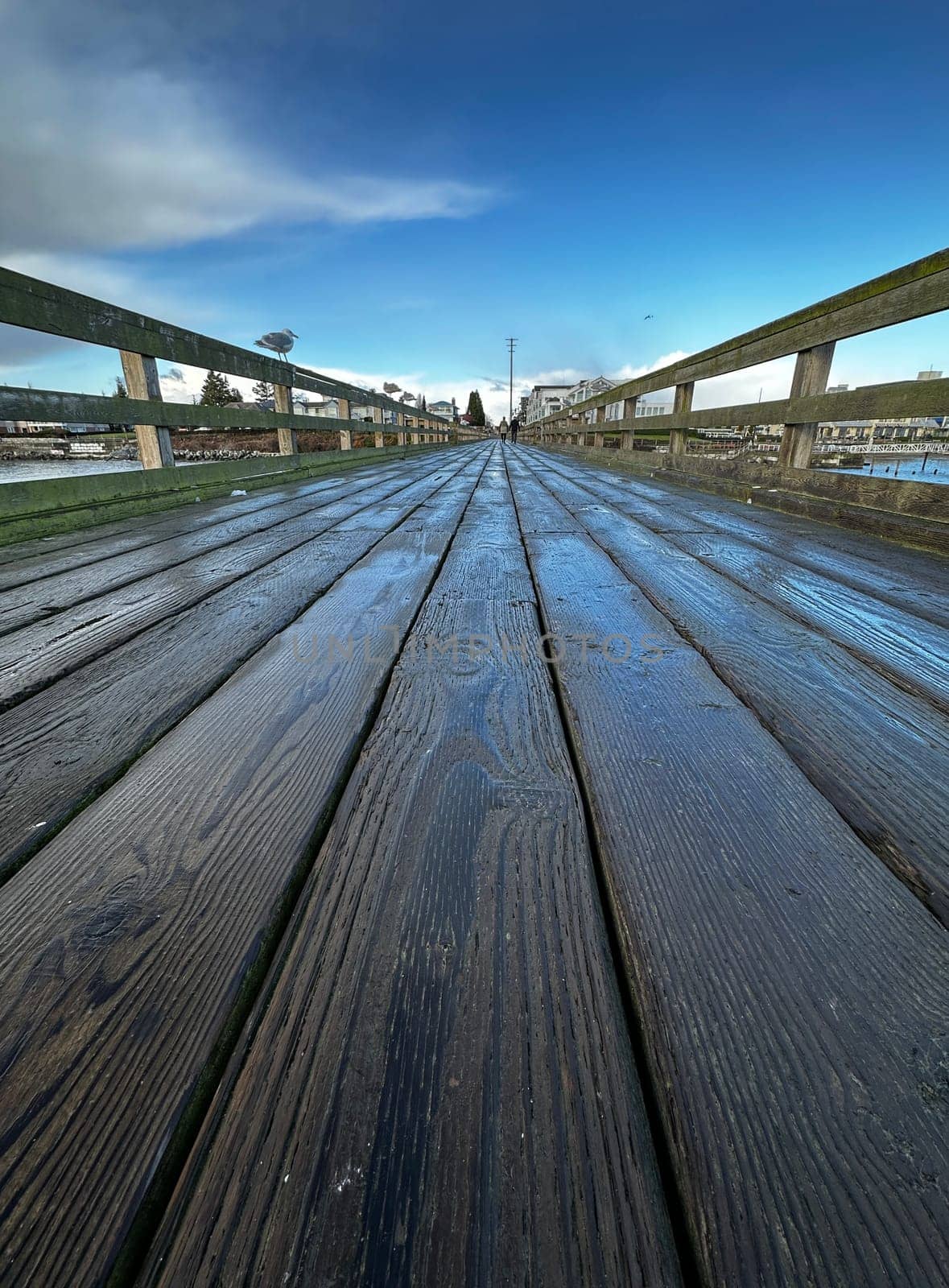 Wooden boardwalk or pier for walking along the shoreline of Sidney, British Columbia, Canada