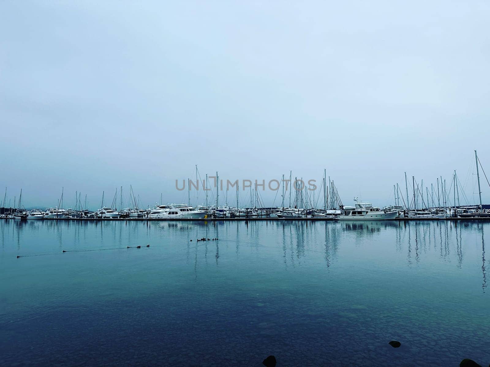 Sailboat reflections at Port Sidney Marina on a dreary dark and overcast day - Sidney, Vancouver Island, British Columbia, Canada