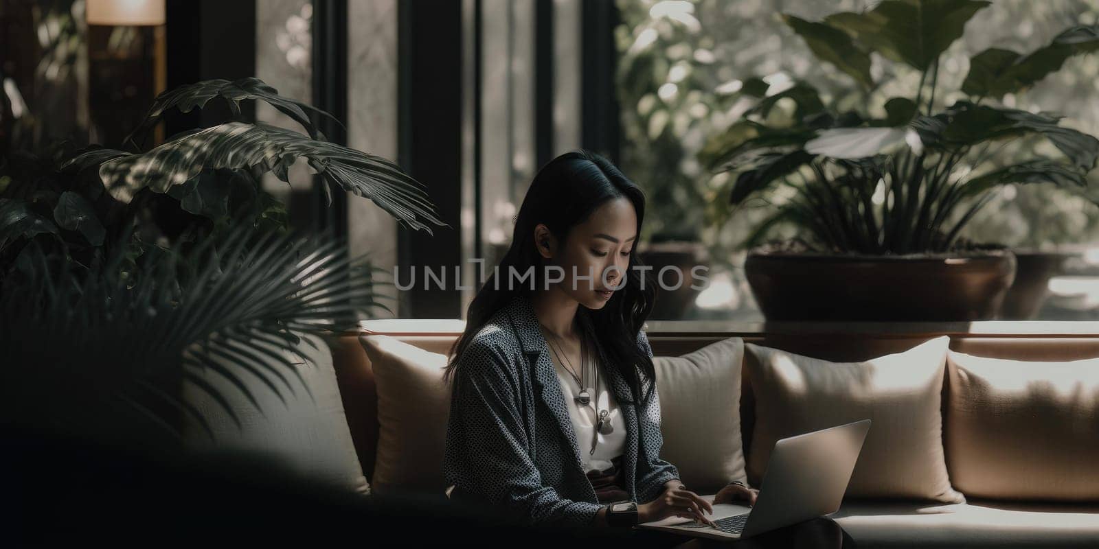 Business person using laptop computer in luxury hotel lobby candid view by biancoblue