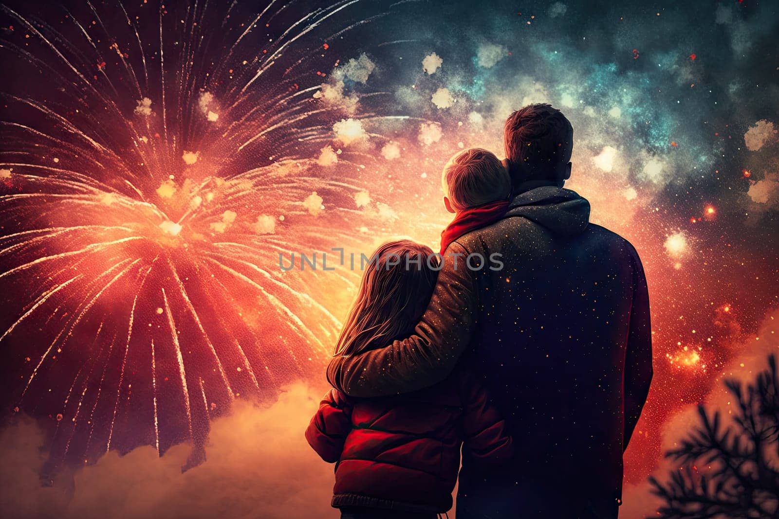hugging happiness family while fireworks coloring the sky. Glorious Generative AI.