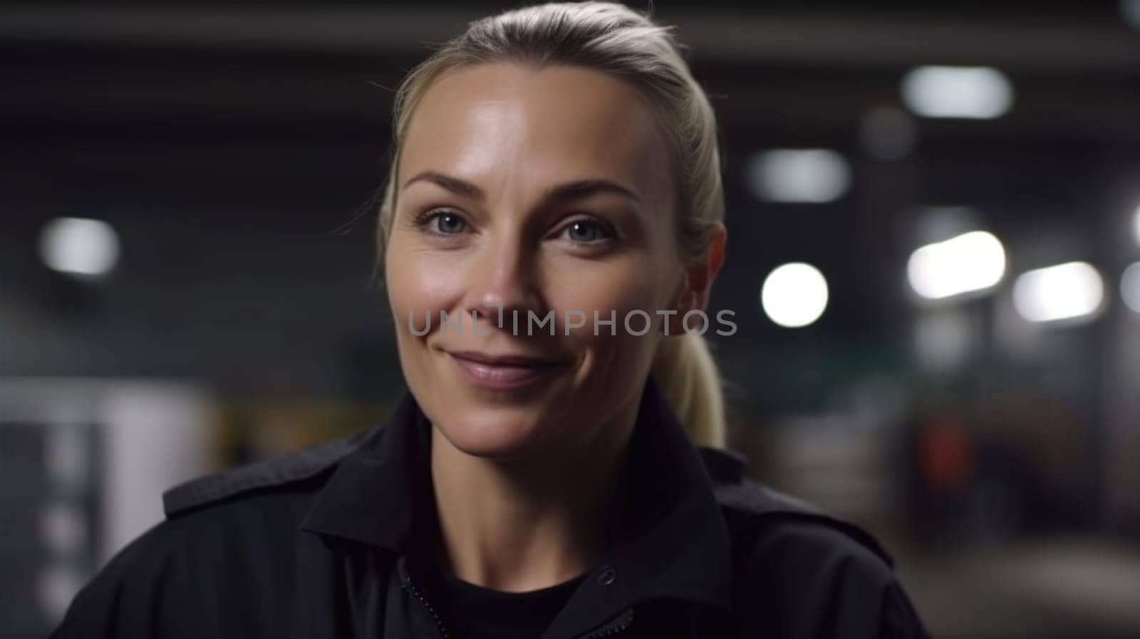 A smiling Swedish female electronic factory worker standing in factory. Generative AI AIG19.