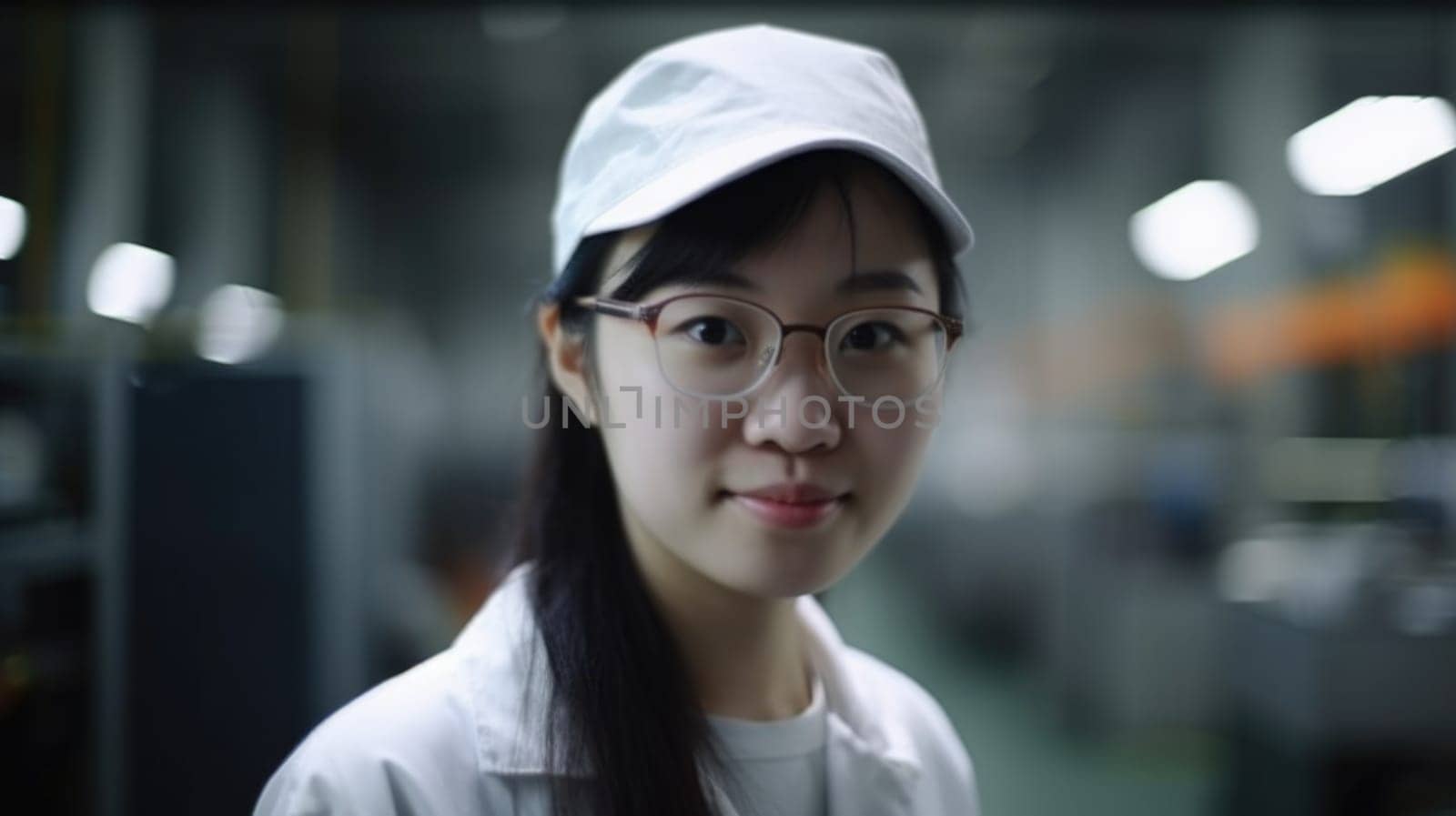 A smiling Chinese female electronic factory worker standing in factory by biancoblue