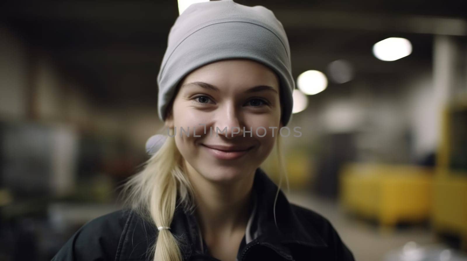 A smiling Swedish female factory worker standing in metal sheet factory. Generative AI AIG19.