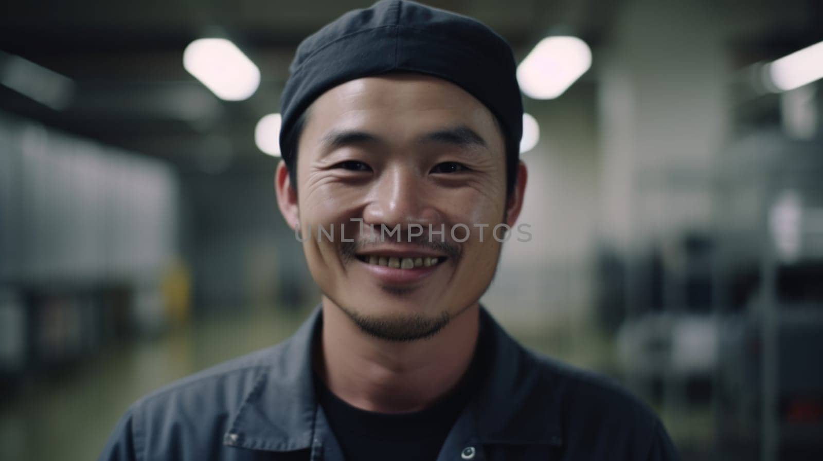 A smiling Chinese male electronic factory worker standing in factory by biancoblue