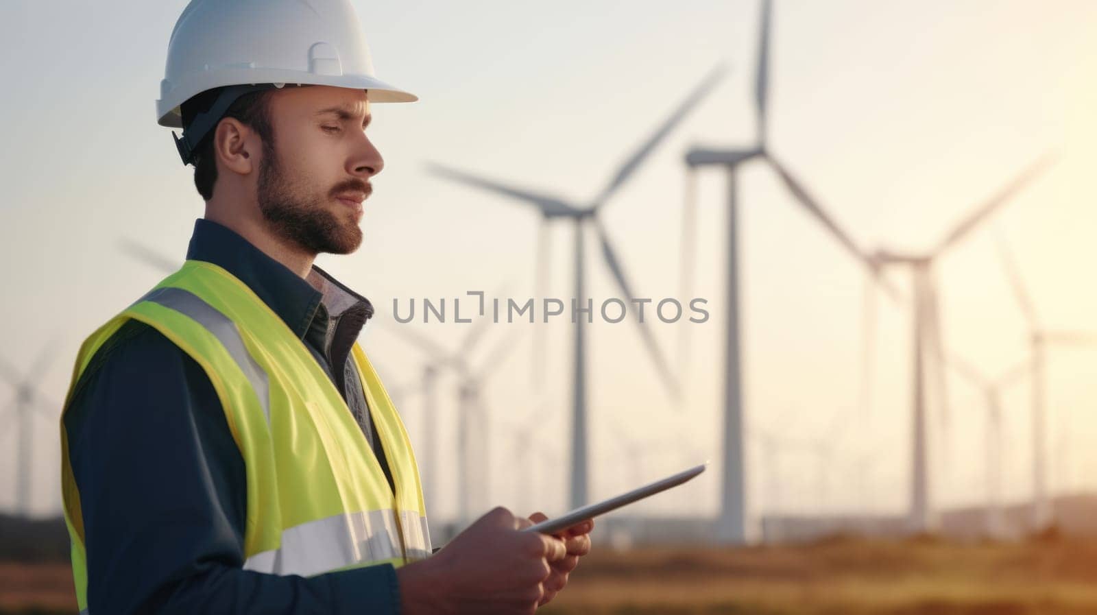 Engineer, 40s, standing, working with tablet, wind turbine farm in blur background. Generative AI AIG20. by biancoblue