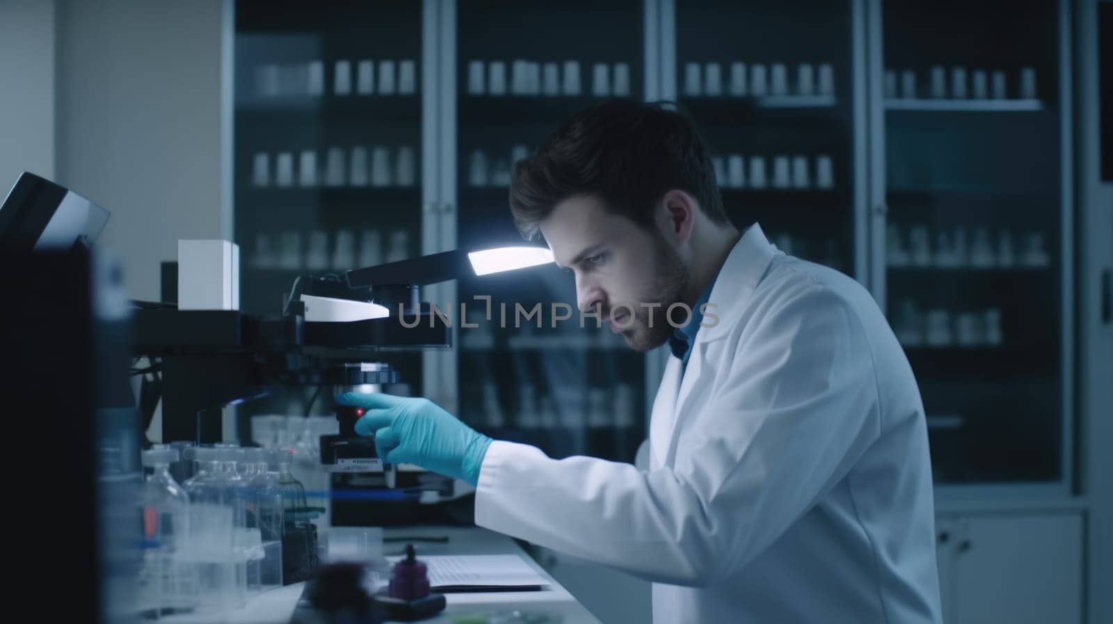 A male biomedical scientist with white gown working in laboratory. Generative AI AIG21.