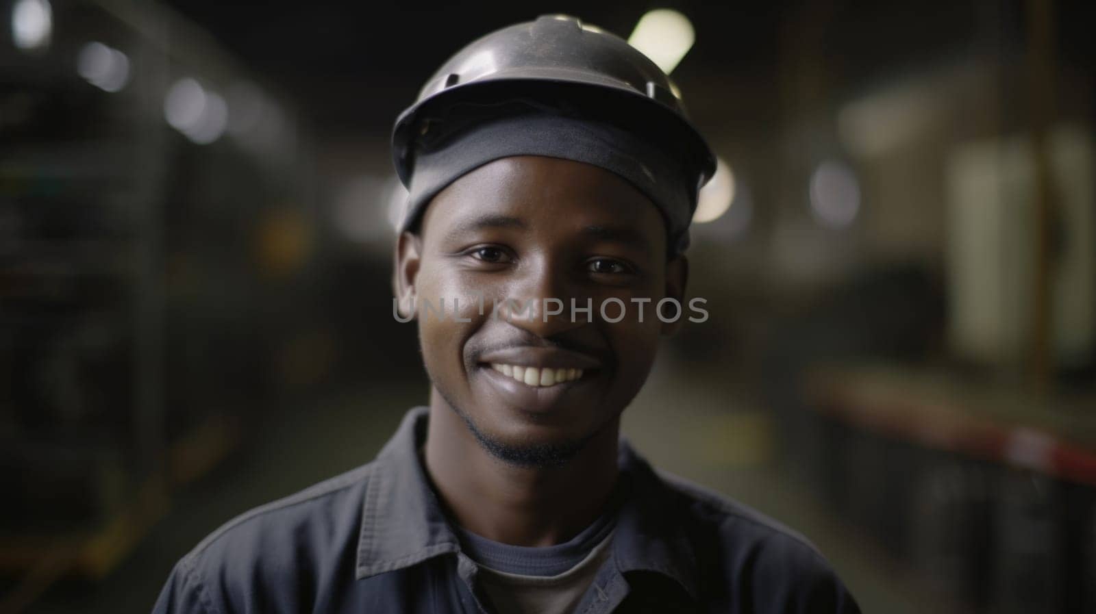 A smiling African male factory worker standing in metal sheet factory by biancoblue