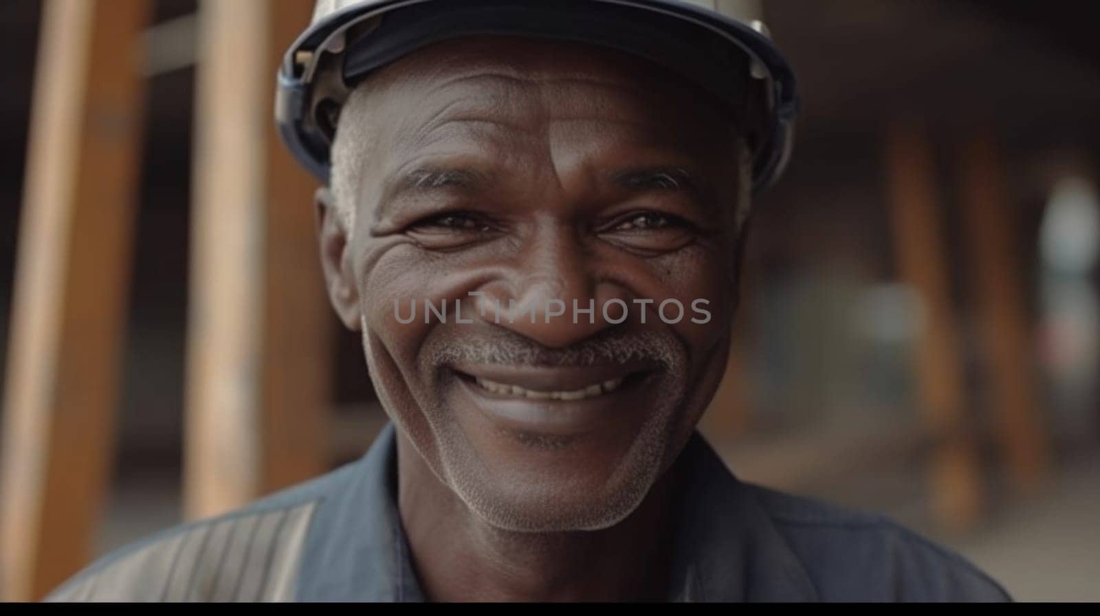 A smiling senior African male construction worker standing in construction site. Generative AI AIG19.