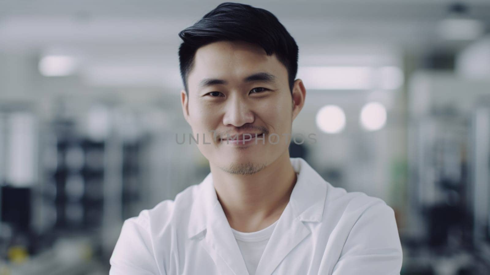 A smiling Chinese male electronic factory worker standing in factory. Generative AI AIG19.