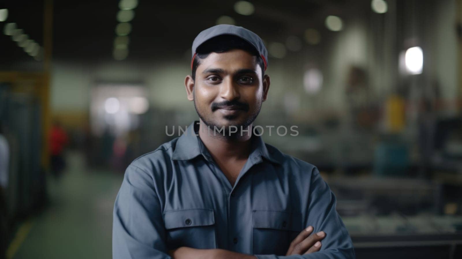 A smiling Indian male factory worker standing in metal sheet factory. Generative AI AIG19.