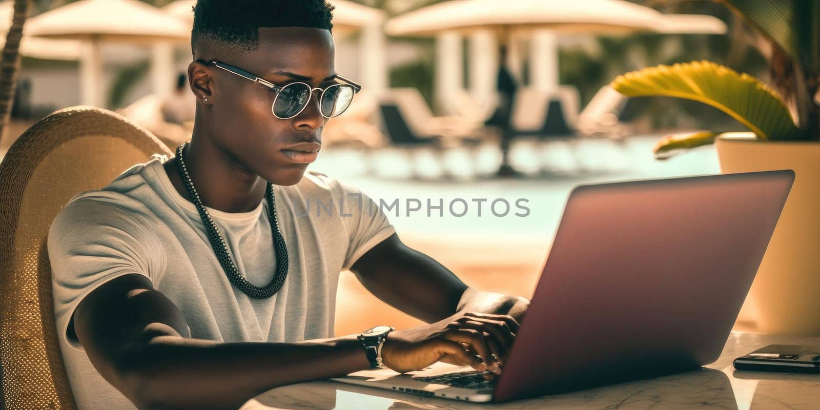 Business person use laptop computer in luxury resort hotel beach club in summer. superlative generative AI image.