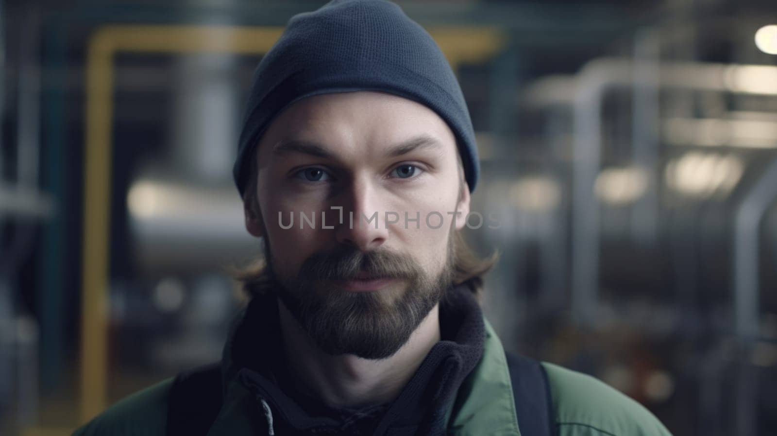 A smiling Swedish male factory worker standing in oil refinery plant. Generative AI AIG19.