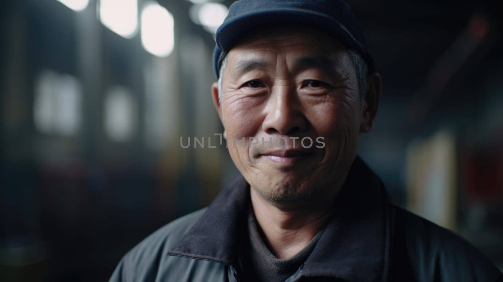 A smiling senior Chinese male factory worker standing in metal sheet factory by biancoblue