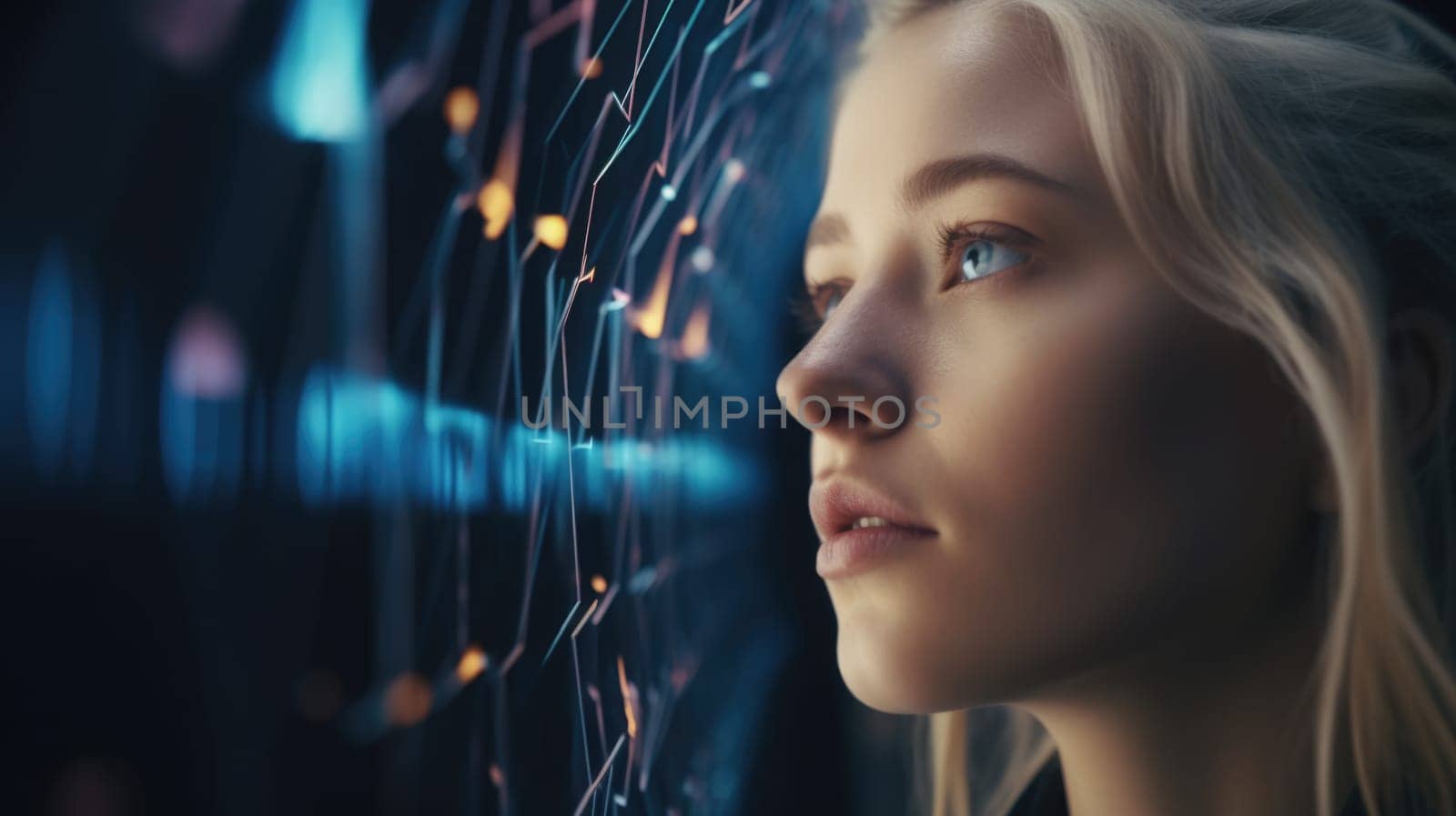 Young blonde woman with wonder, curiosity, looking at holographic digital display, futuristic technology, innovation. Generative AI AIG20. by biancoblue