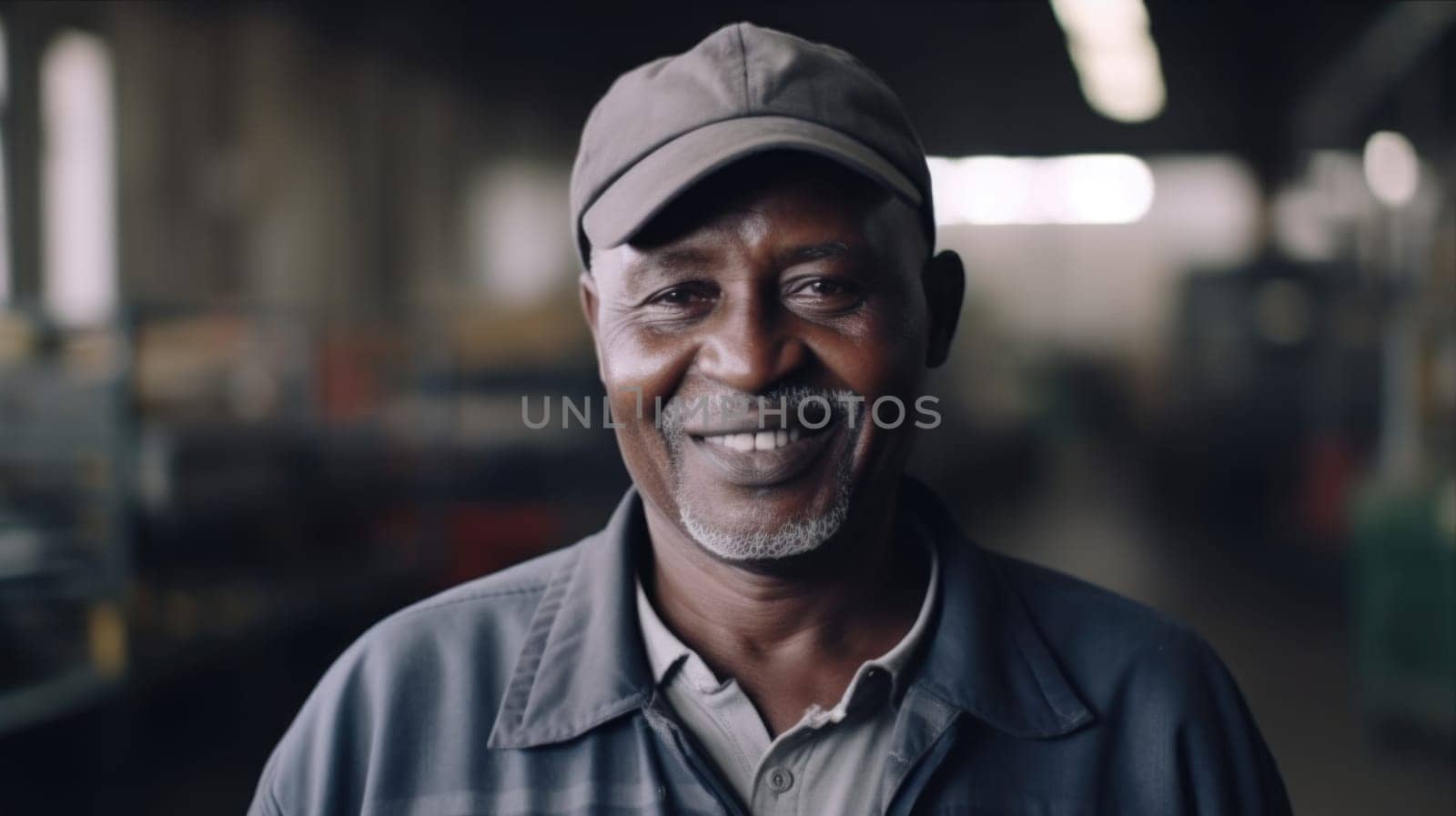 A smiling senior African male electronic factory worker standing in factory. Generative AI AIG19.