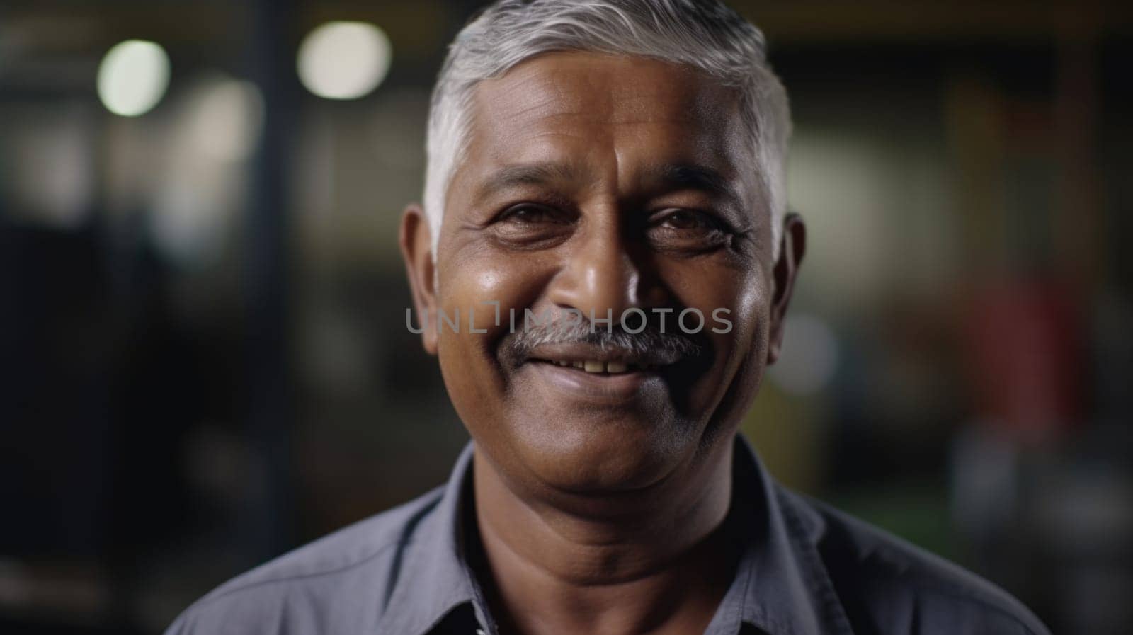 A smiling senior Indian male electronic factory worker standing in factory. Generative AI AIG19.