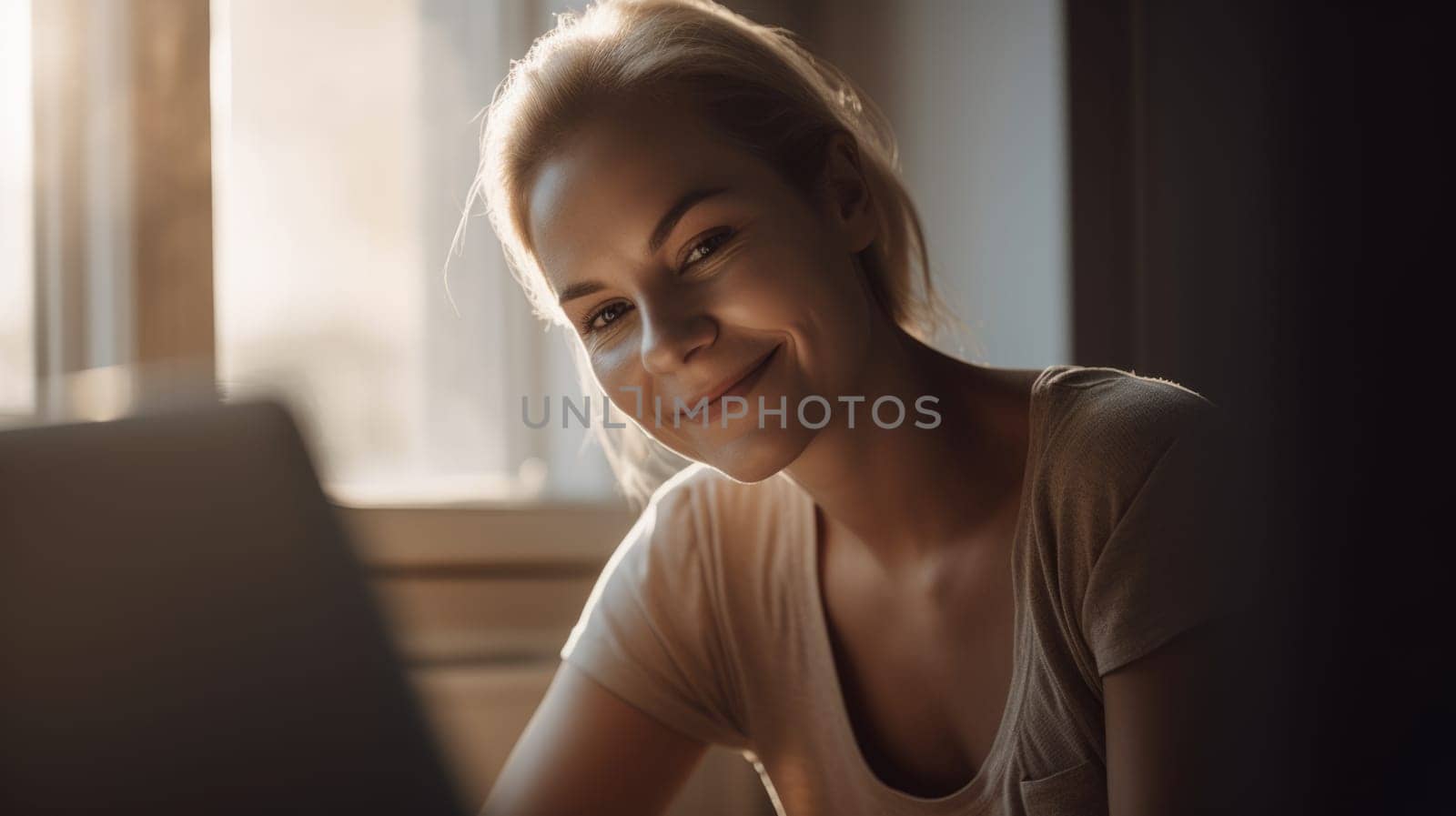 Woman smiling at a laptop computer in a warm-toned living room. generative AI AIG21.