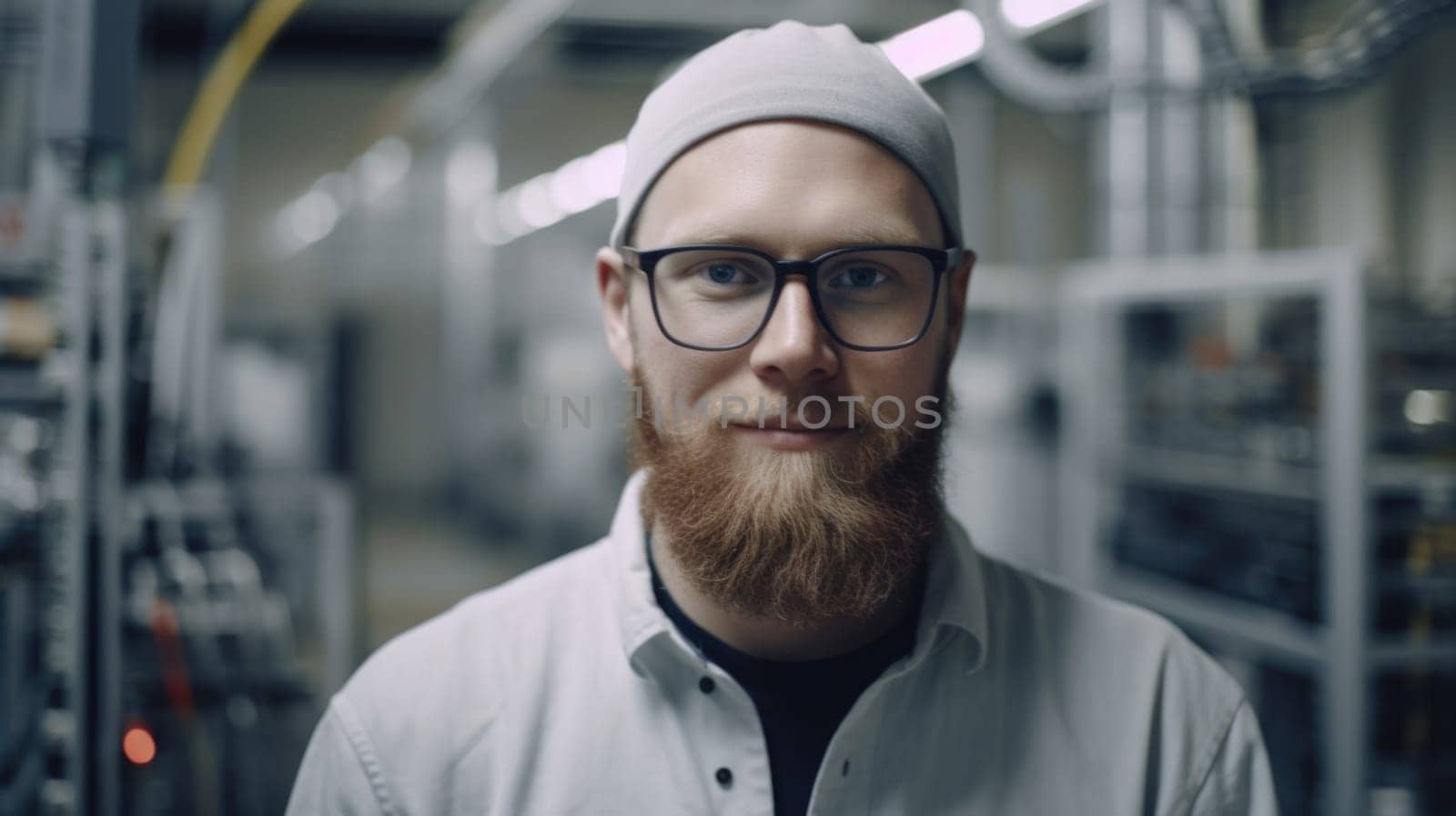 A smiling Swedish male electronic factory worker standing in factory. Generative AI AIG19.