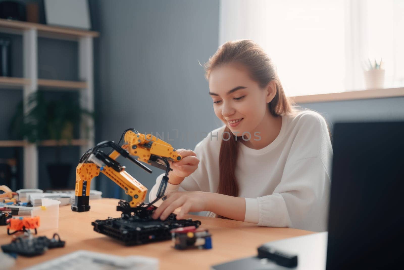 Female student learning how to programing and coding robotic arm at school lab. Generative AI AIG20. by biancoblue