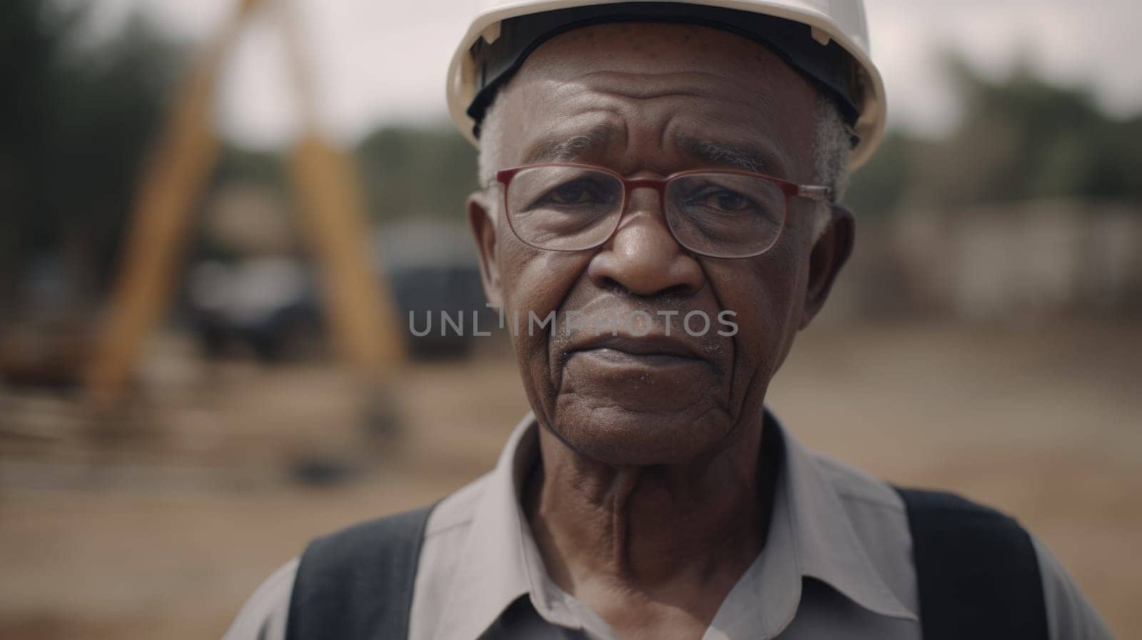 Senior male African civil engineer with determined face at construction site. Generative AI AIG21. by biancoblue