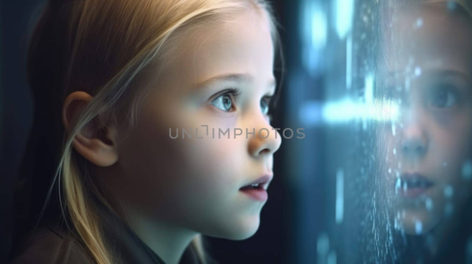 The little blonde girl wondering at holographic and futuristic technology with sharpened and grainy detail. Generative AI AIG21. by biancoblue