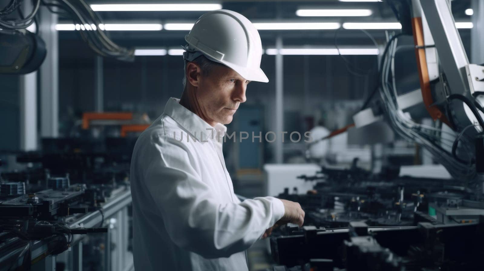 40s engineer, wearing safety uniform, standing in blur background of smart factory with robotic arms. Generative AI AIG20. by biancoblue