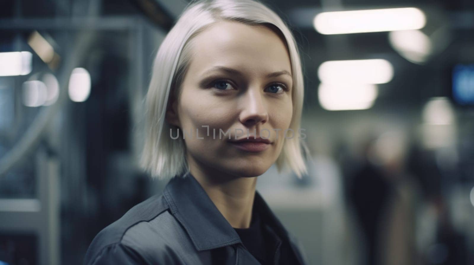 A smiling Swedish female electronic factory worker standing in factory. Generative AI AIG19.