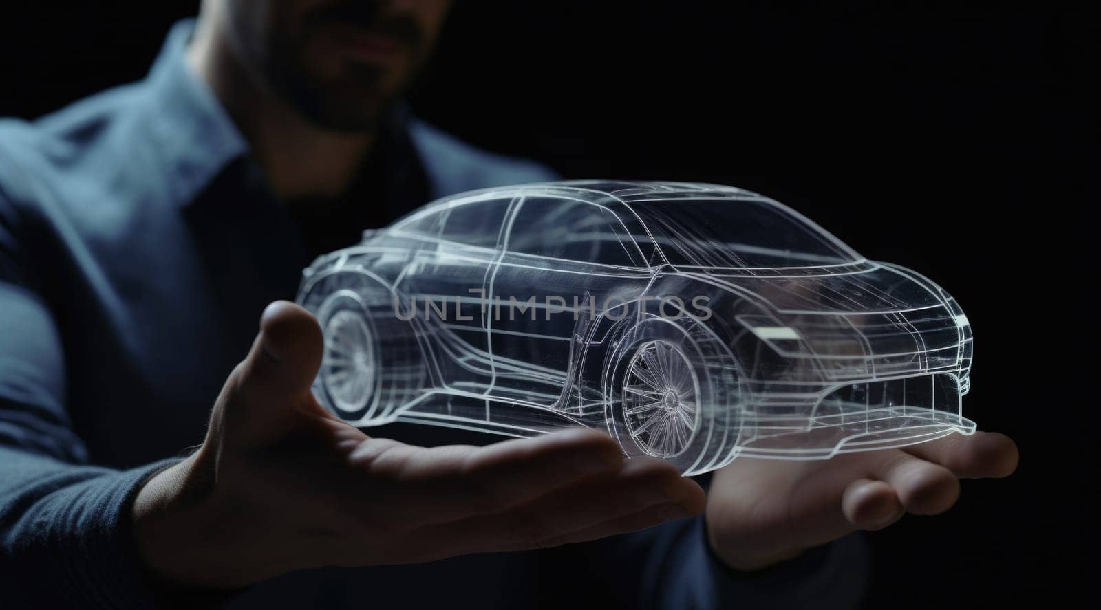 A man holding an animated model of an automobile in the style of holographic. Generative AI AIG21. by biancoblue