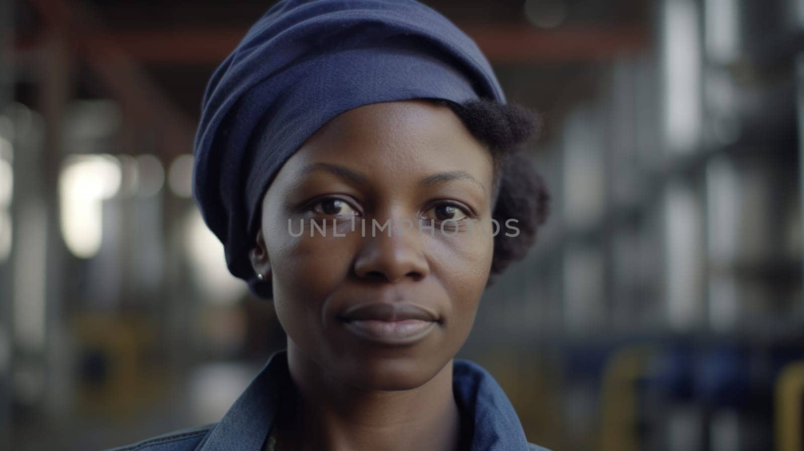 A smiling African female factory worker standing in oil refinery plant. Generative AI AIG19.