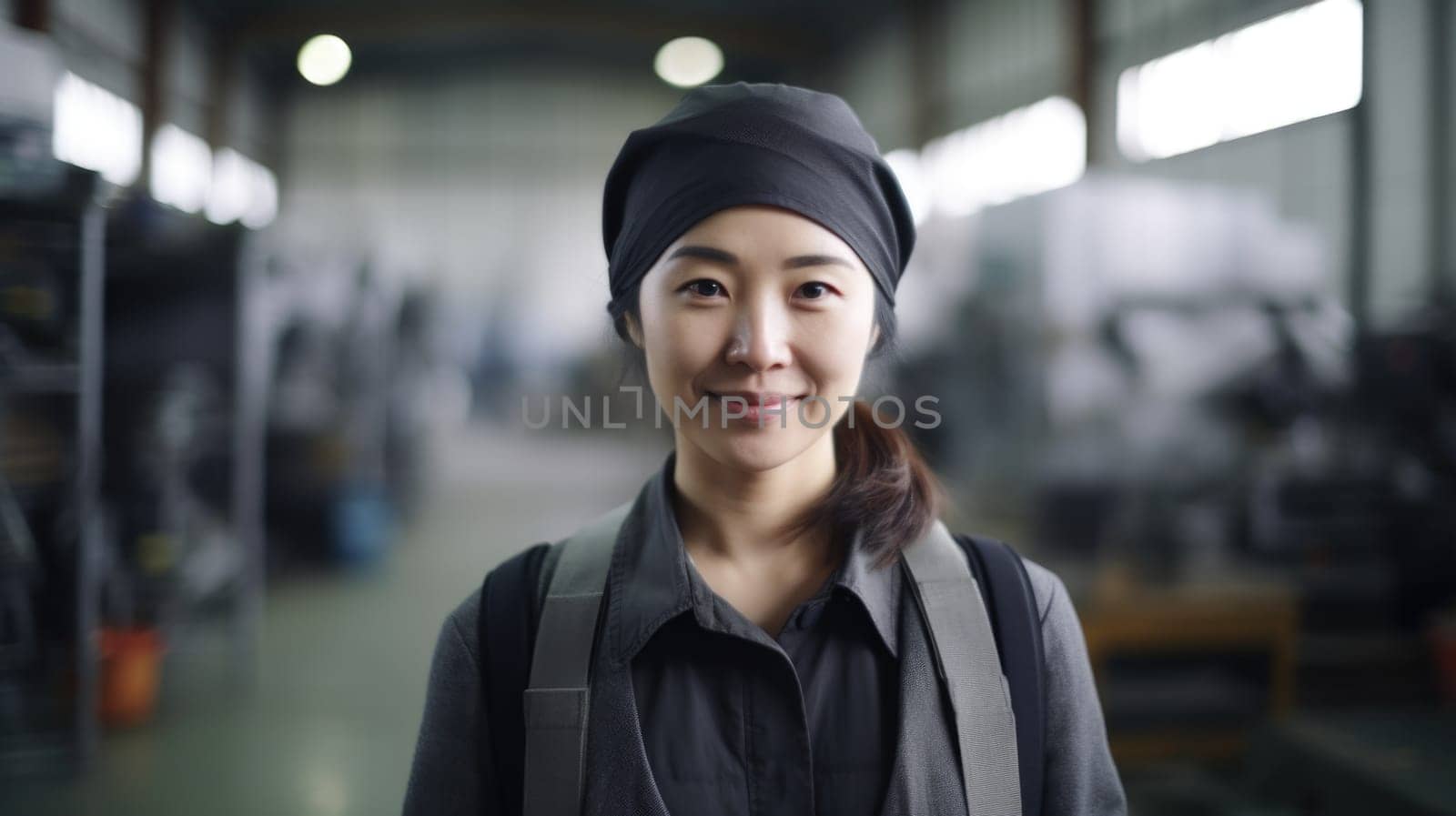 A smiling Chinese female factory worker standing in metal sheet factory by biancoblue