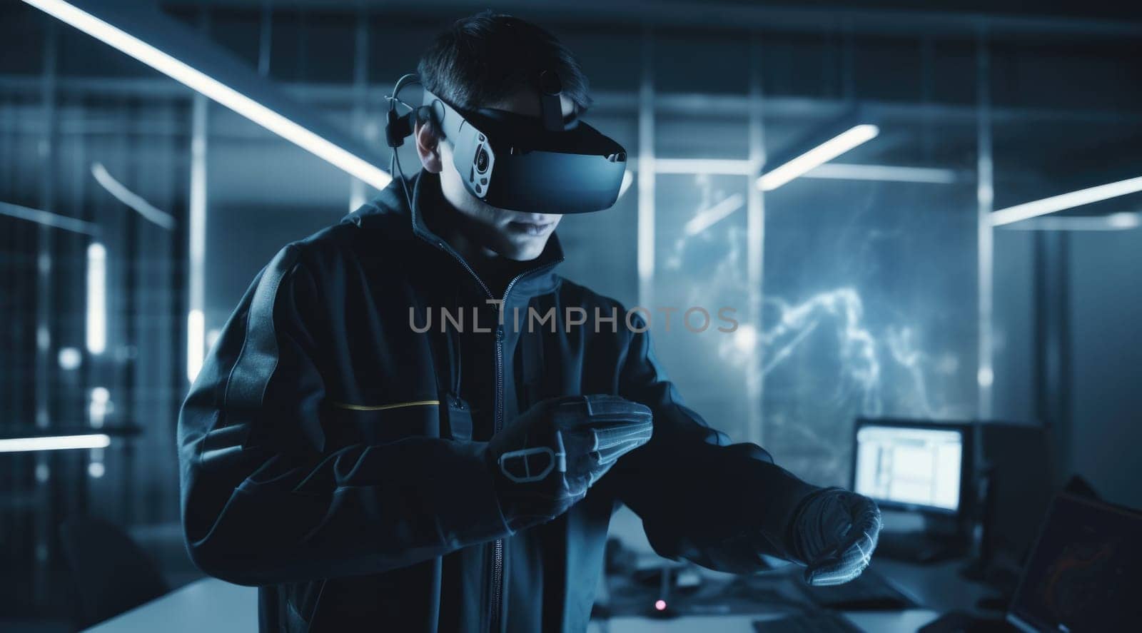 Architect worker in protective outfit using virtual reality to view large digital models in the style of dark gray and light azure.Generative AI AIG21.