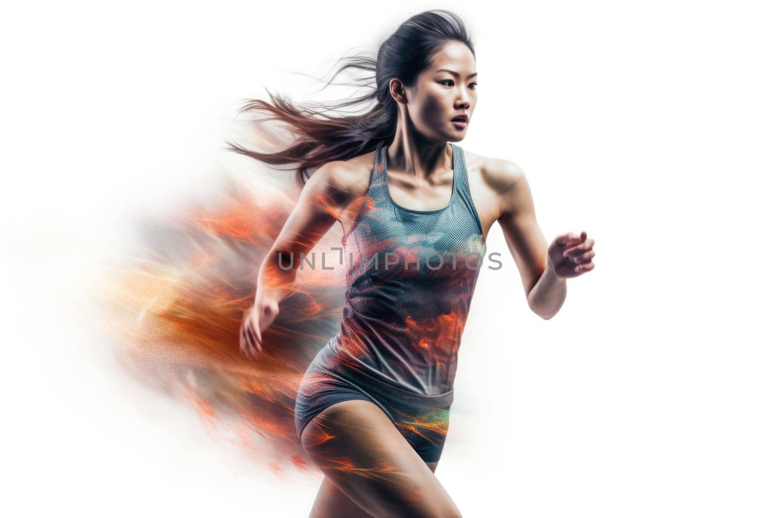 Heroic double exposure photo of a well trained female Chinese runner speedy running. Generative AI AIG19.