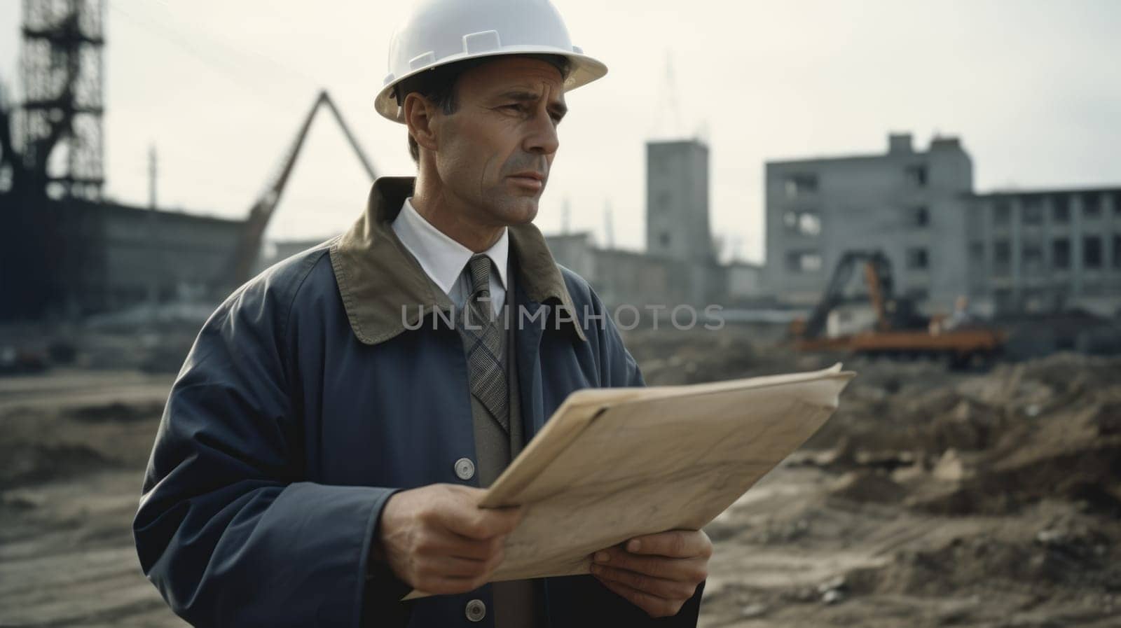 30s male caucasian Civil Engineer with determined face at construction site. Generative AI AIG21. by biancoblue