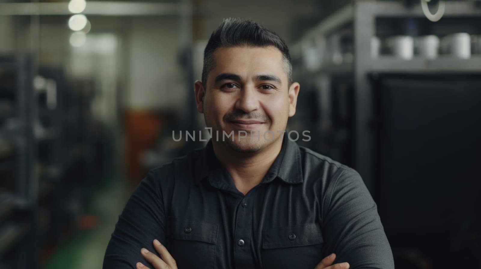 A smiling Hispanic male electronic factory worker standing in factory by biancoblue