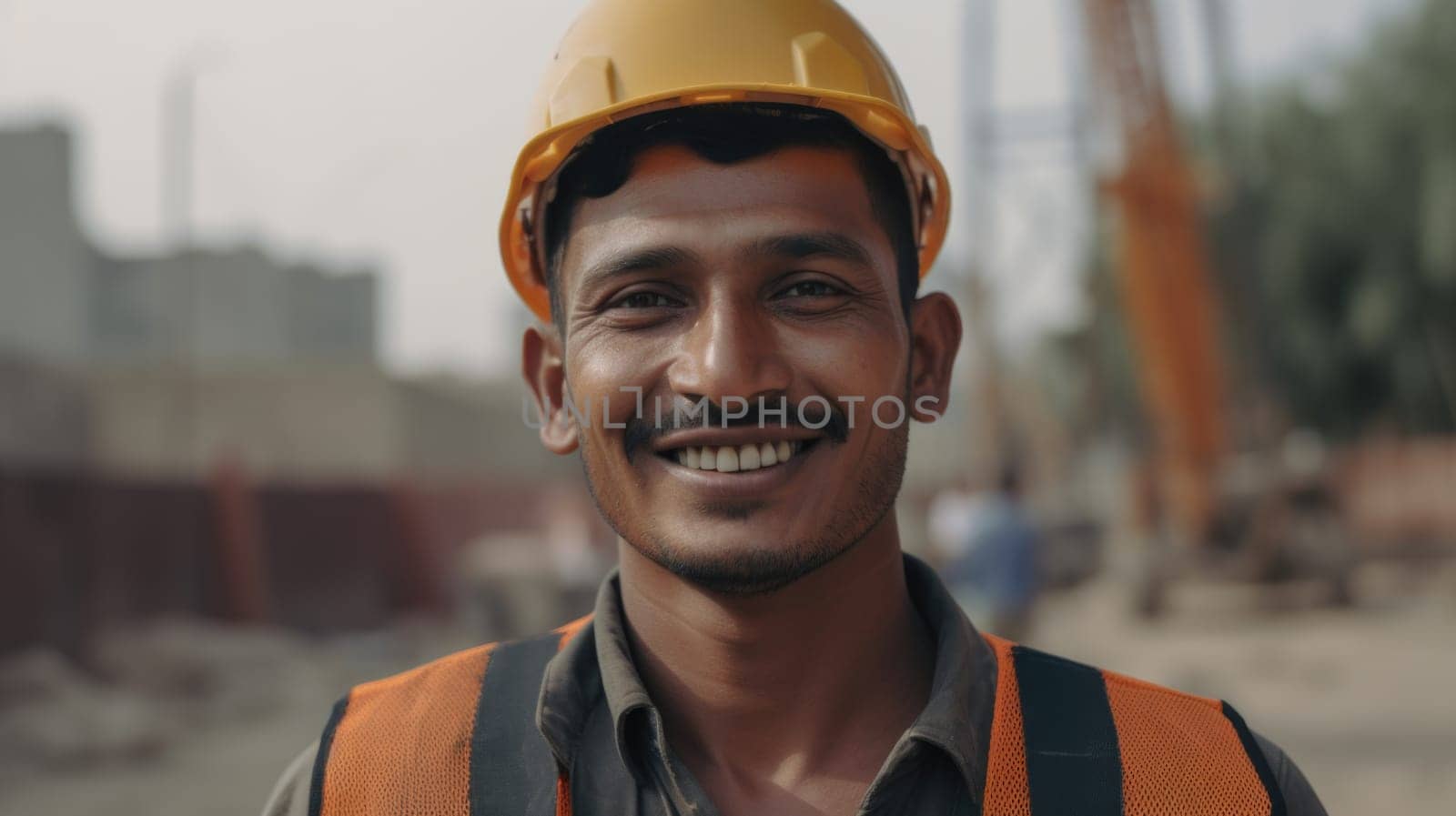 A smiling Indian male construction worker standing in construction site. Generative AI AIG19.