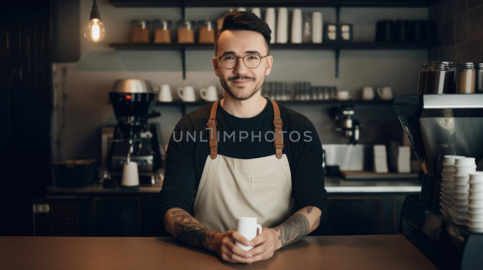 Happy male barista wearing an apron standing by the counter in a coffee shop. Generative AI AIG21.