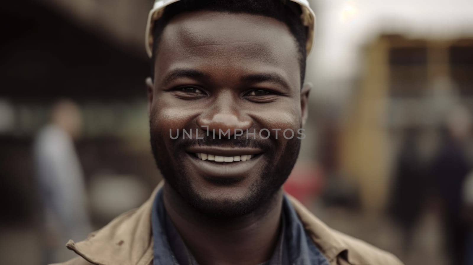 A smiling African male construction worker standing in construction site. Generative AI AIG19.