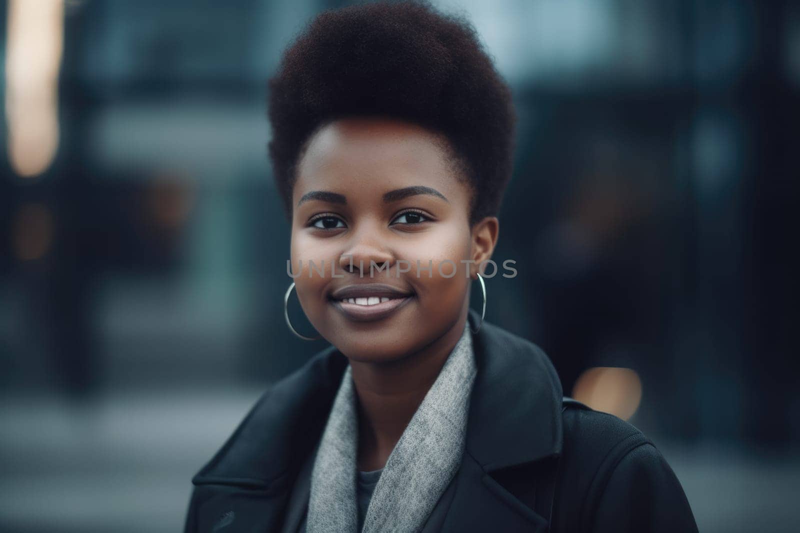 Young smart african-american businesswoman, smiling face, standing in blur background of modern office building. Generative AI AIG20.