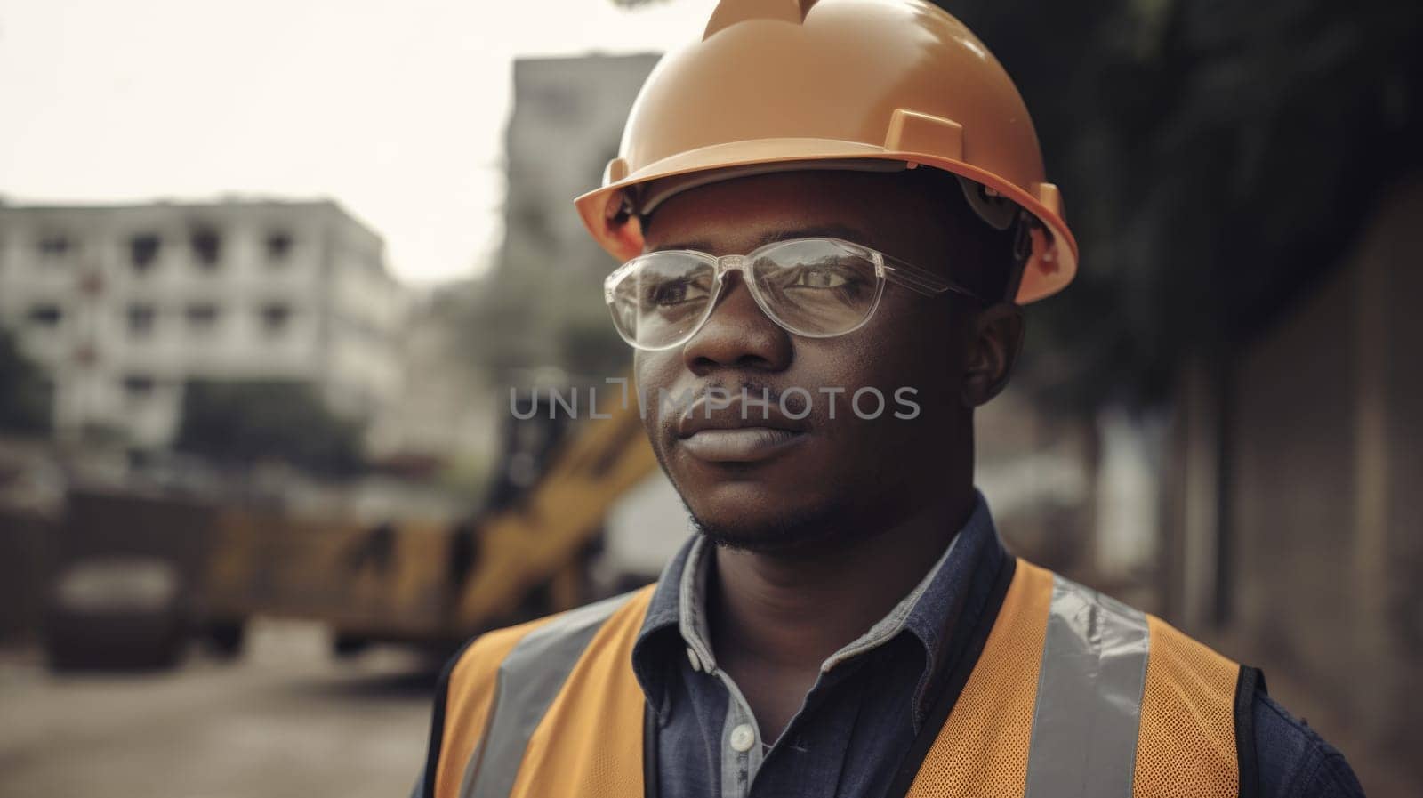 30s male african Civil Engineer with determined face at construction site. Generative AI AIG21. by biancoblue