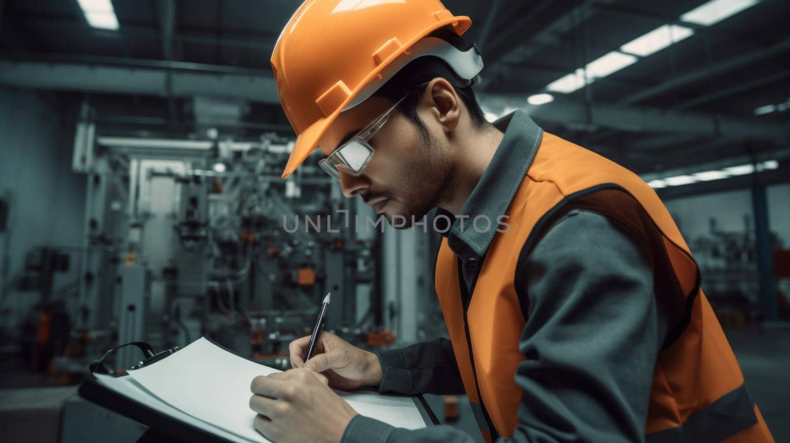 Hispanic engineer male writing checklist with serious looking, standing inside the smart factory with robotic arm and blur background. Generative AI AIG20. by biancoblue