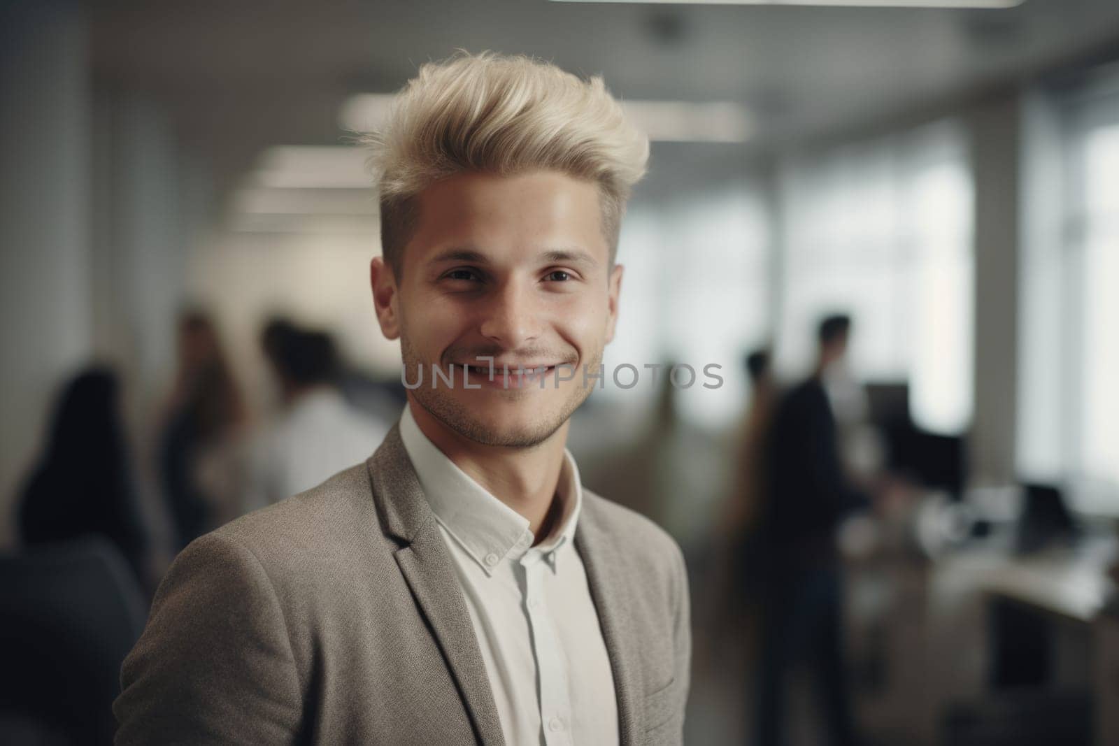 Young smart swedish businessman, smiling face, standing in blur background of busy office. Generative AI AIG20.