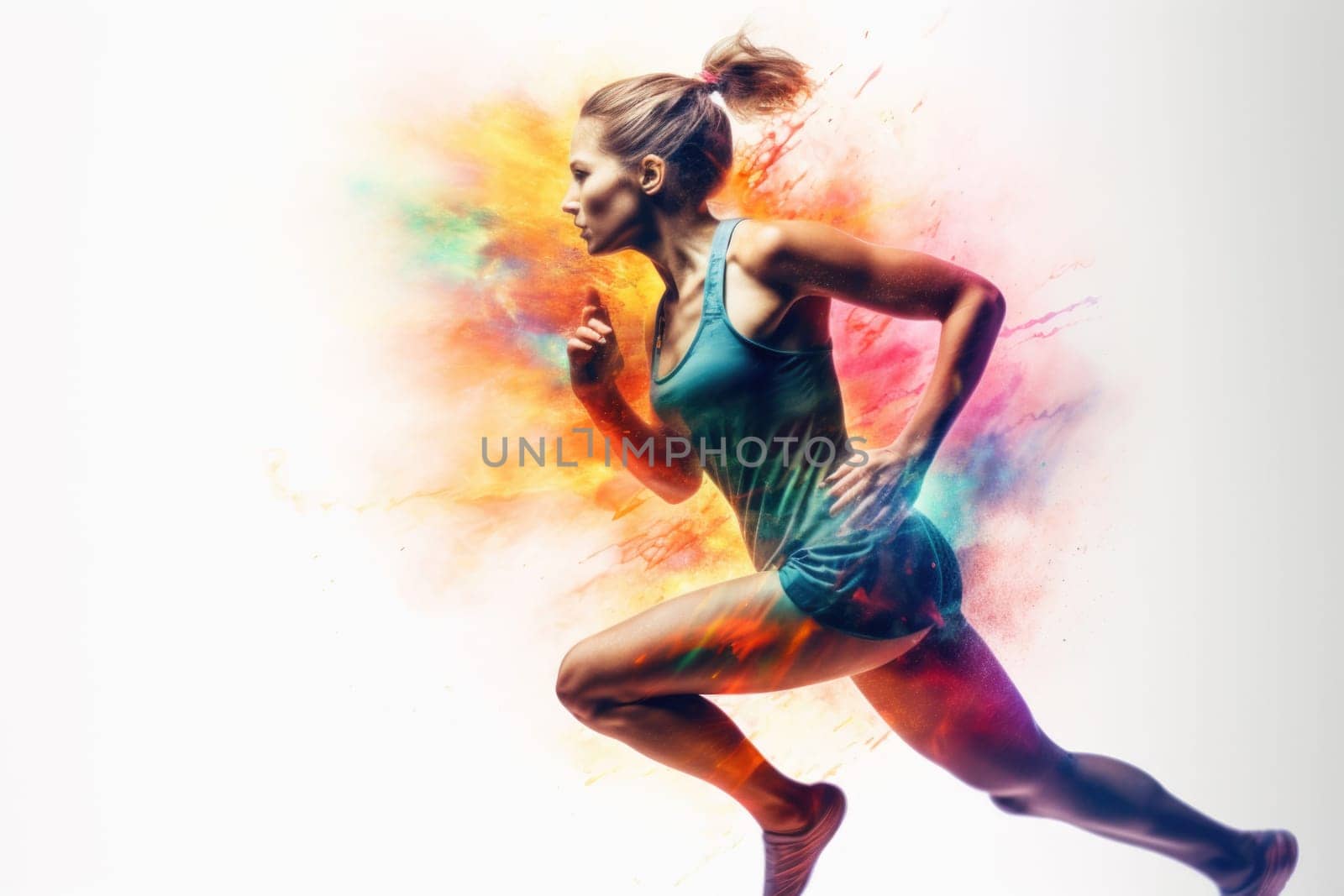 Heroic double exposure colorful photo of a well trained female Swedish runner speedy running. Generative AI AIG19.