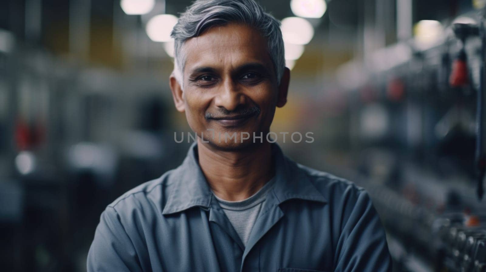 A smiling senior Indian male electronic factory worker standing in factory. Generative AI AIG19.