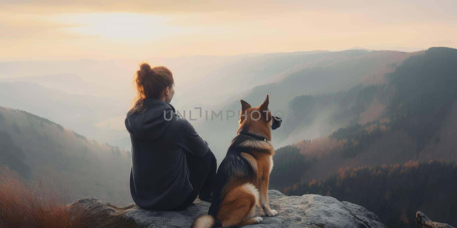 Young beautiful woman enjoy view with her dog during hiking trip in the mountain. distinct generative AI image.